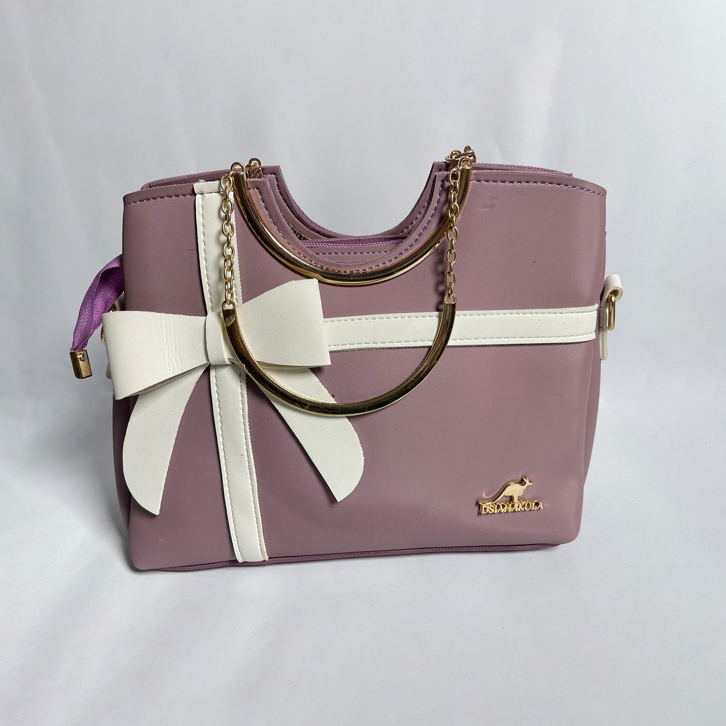 Pastel Mauve Bow Handbag for Women – Stylish Designer-Inspired Bag with Gold Ring Handle & Shoulder Strap