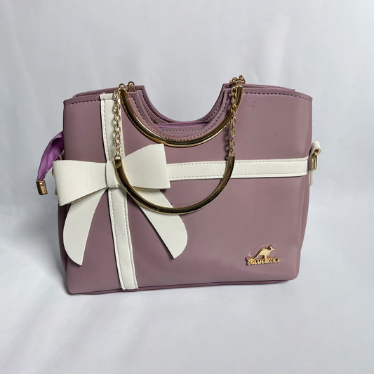 Pastel Mauve Bow Handbag for Women – Stylish Designer-Inspired Bag with Gold Ring Handle & Shoulder Strap